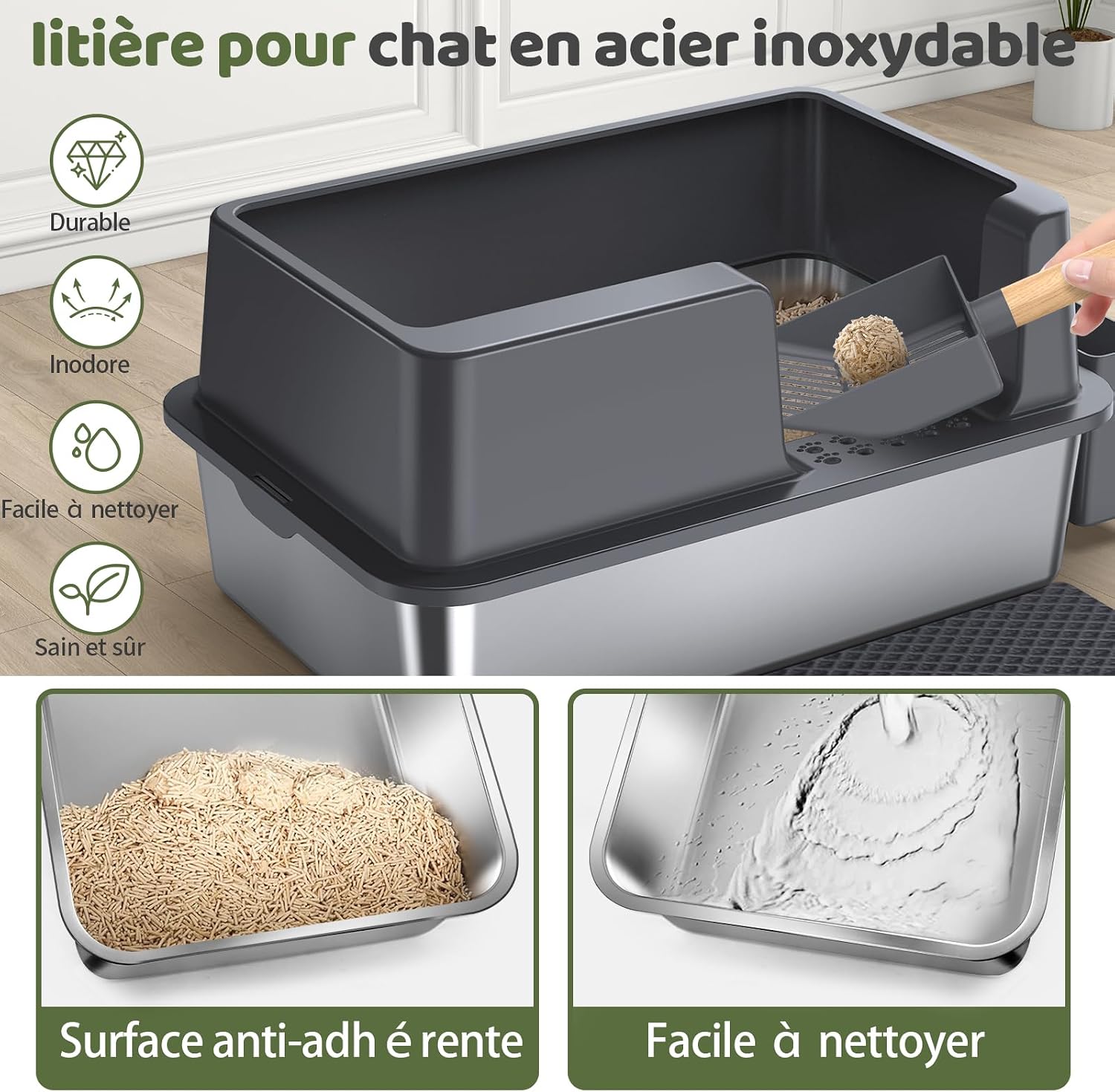 Thumbnail 3 de Gimars XXL bac à litière inox 37L 🐱