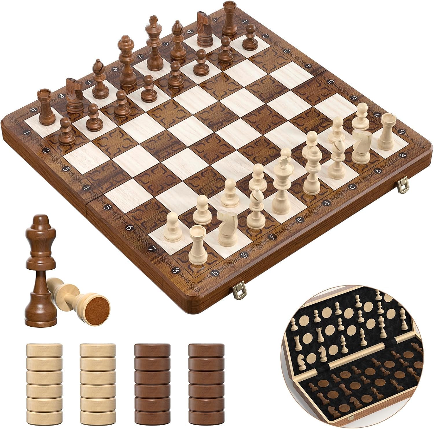 Detalle de Magnetisches 2IN1 Schachspiel (39 x 39 cm), klappbares Holzbrett mit 32 Figuren + 2 Damen