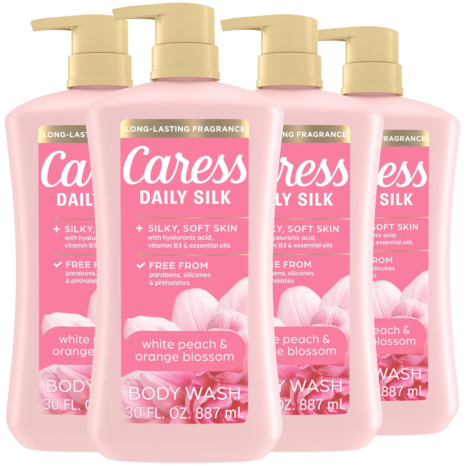Detalle de Caress Daily Silk Body Wash, White Peach & Orange Blossom, 30 fl oz, 4 Pack