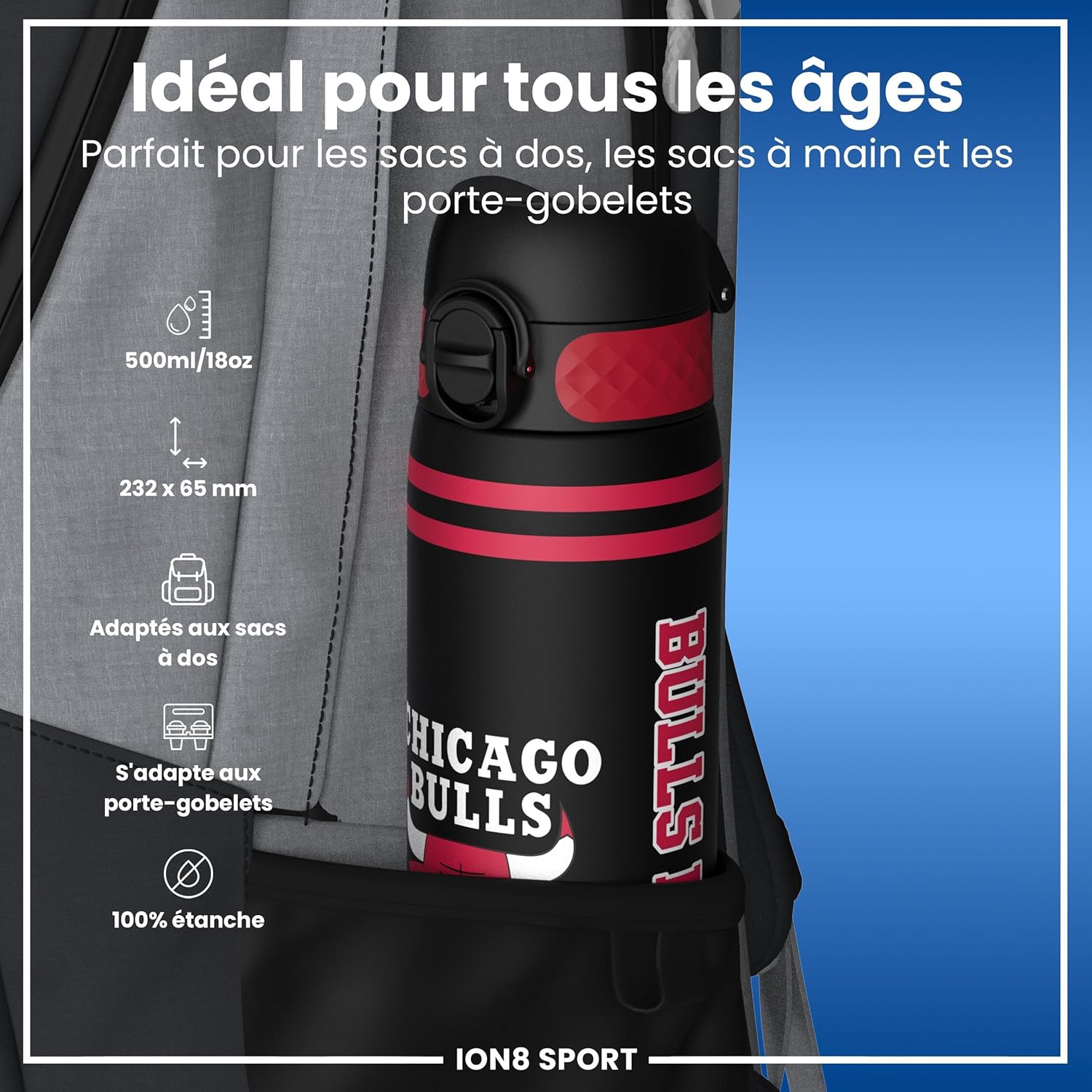 Detalle de Ion8 NBA Chicago Bulls Gourde 500 ml – Anti-Fuite, Sans BPA et Lavable au Lave-vaisselle