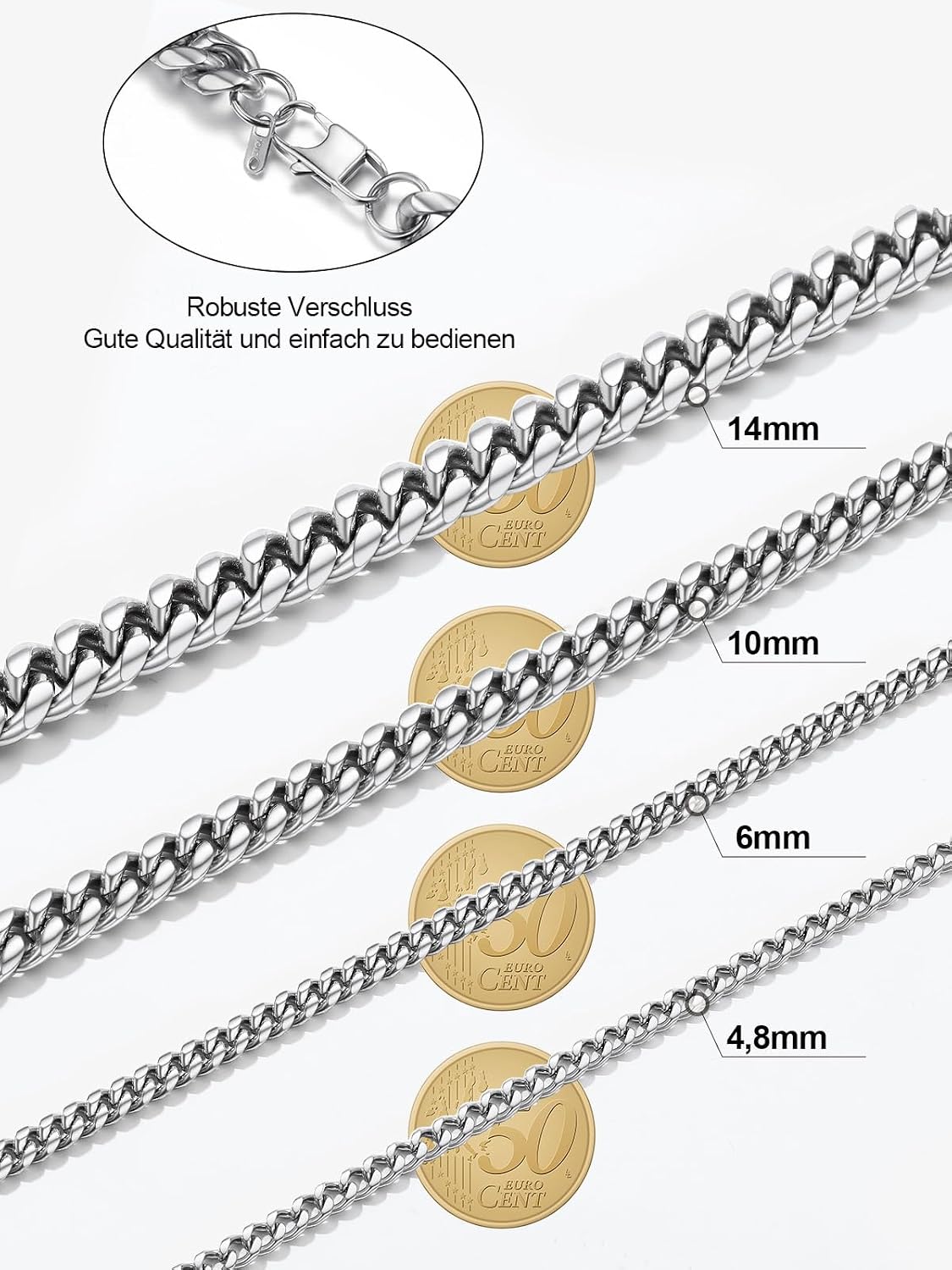 Detalle de PROSTEEL Herren-Halskette aus Edelstahl massiv, Panzerkette (4,8/6/10/14 mm) – Gliederkette im Hip-Hop-Stil, Länge wählbar