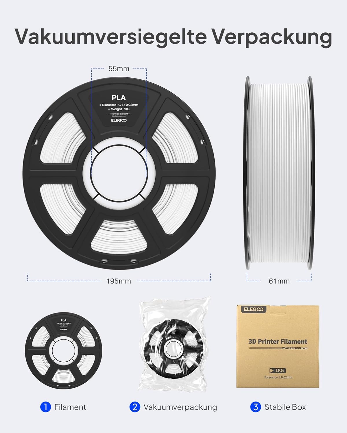 Thumbnail 5 de ELEGOO PLA Filament 1,75 mm Grau (2 kg Spule) – Maßgenauigkeit bis ± 0,02 mm