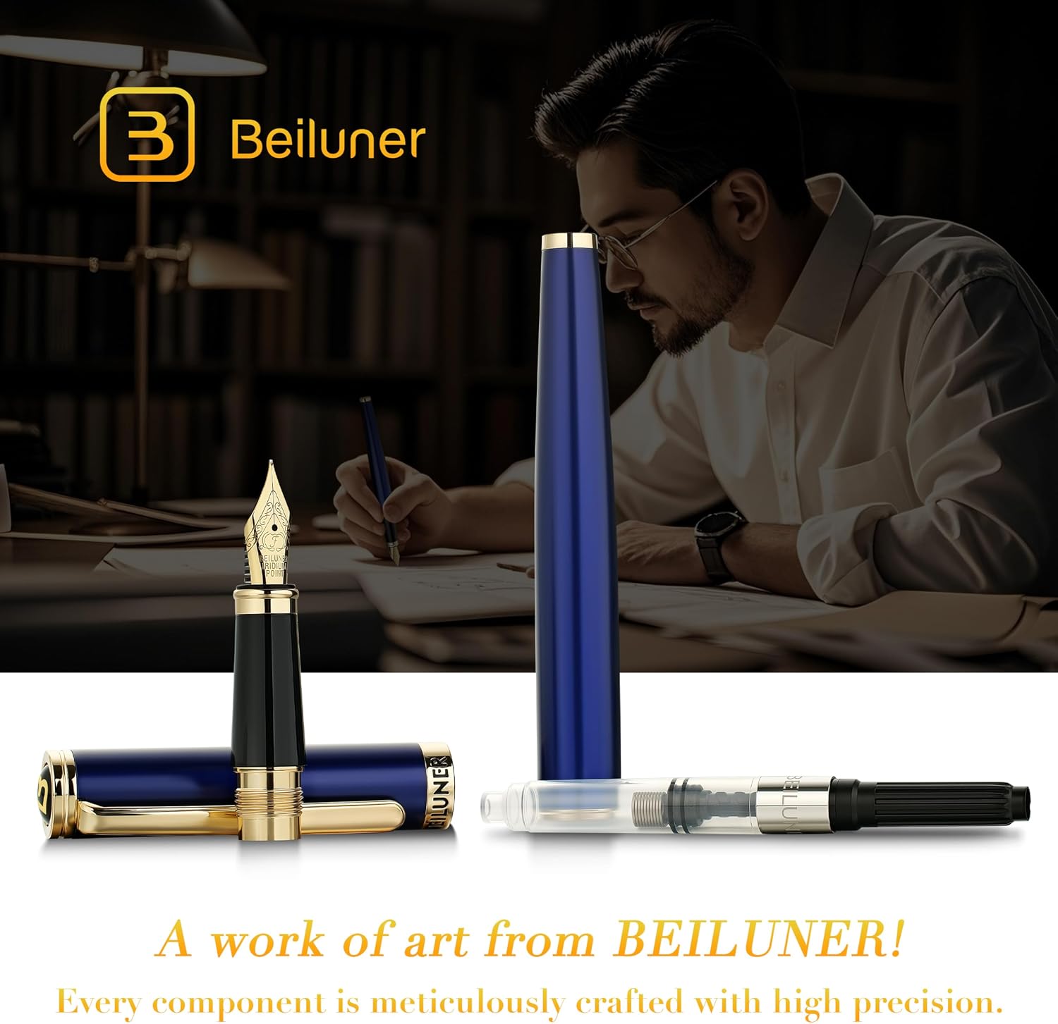 Thumbnail 5 de BEILUNER FP-F02 Fountain Pen, Blue Lacquer, Fine 24K-Gilded Nib