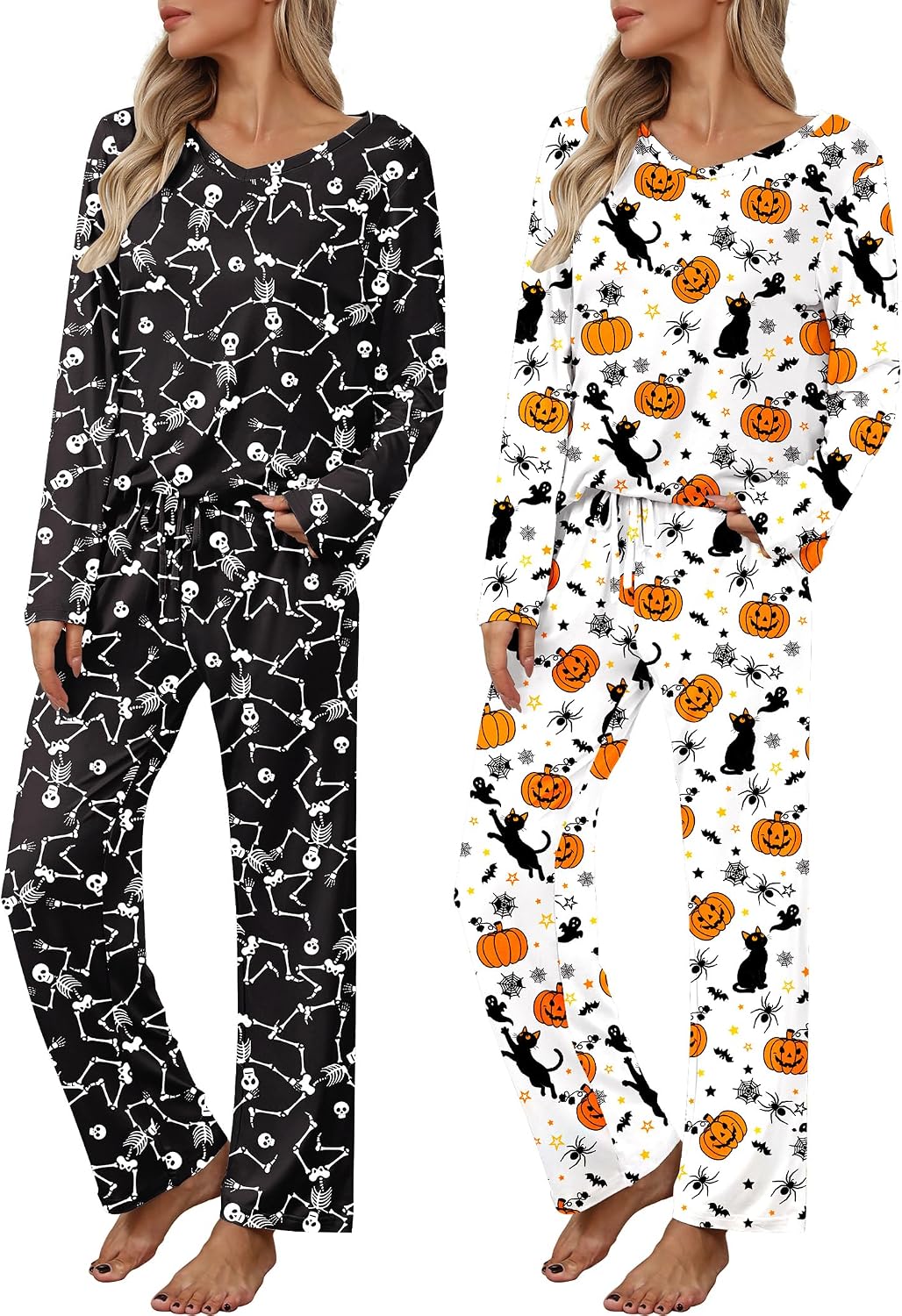 Detalle de Ekouaer Women's 2-Pack Long-Sleeve Pajama Sets with V-Neck Tops and Pocket Pants