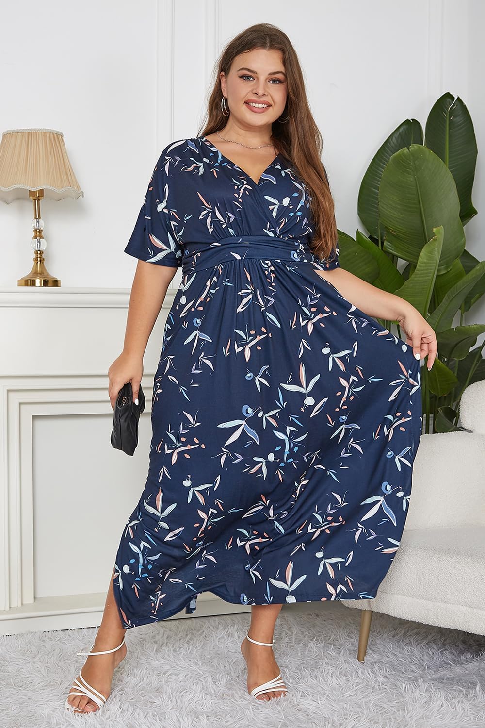 Detalle de Keluummi Women's Plus Size Floral Maxi Dress with V-Neck, 3/4 Sleeves and Pockets