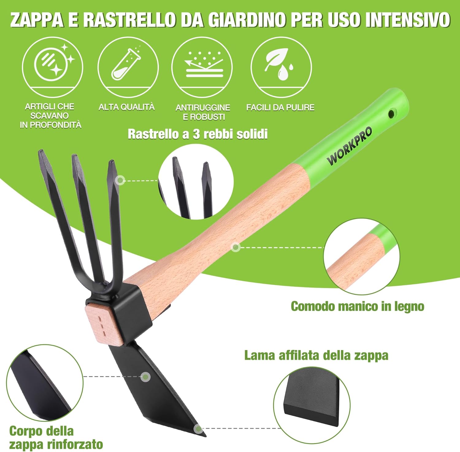 Thumbnail 2 de WORKPRO Zappa e Coltivatore 2-in-1 con manico in legno da 36 cm