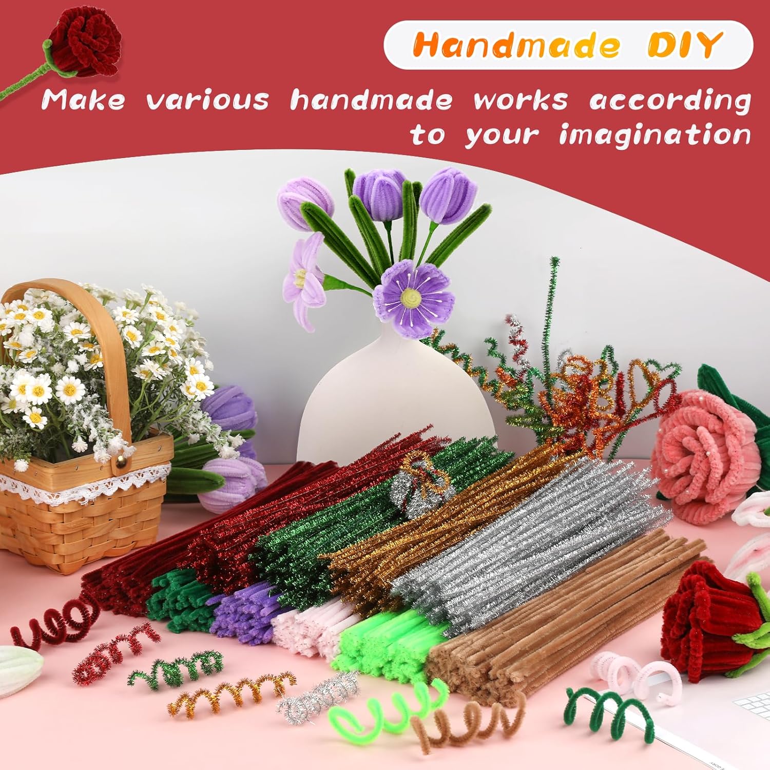 Thumbnail 6 de ZXIIXZ 100-Pack Chenille Pipe Cleaners (Wine Red) for DIY Crafts and Flower Making