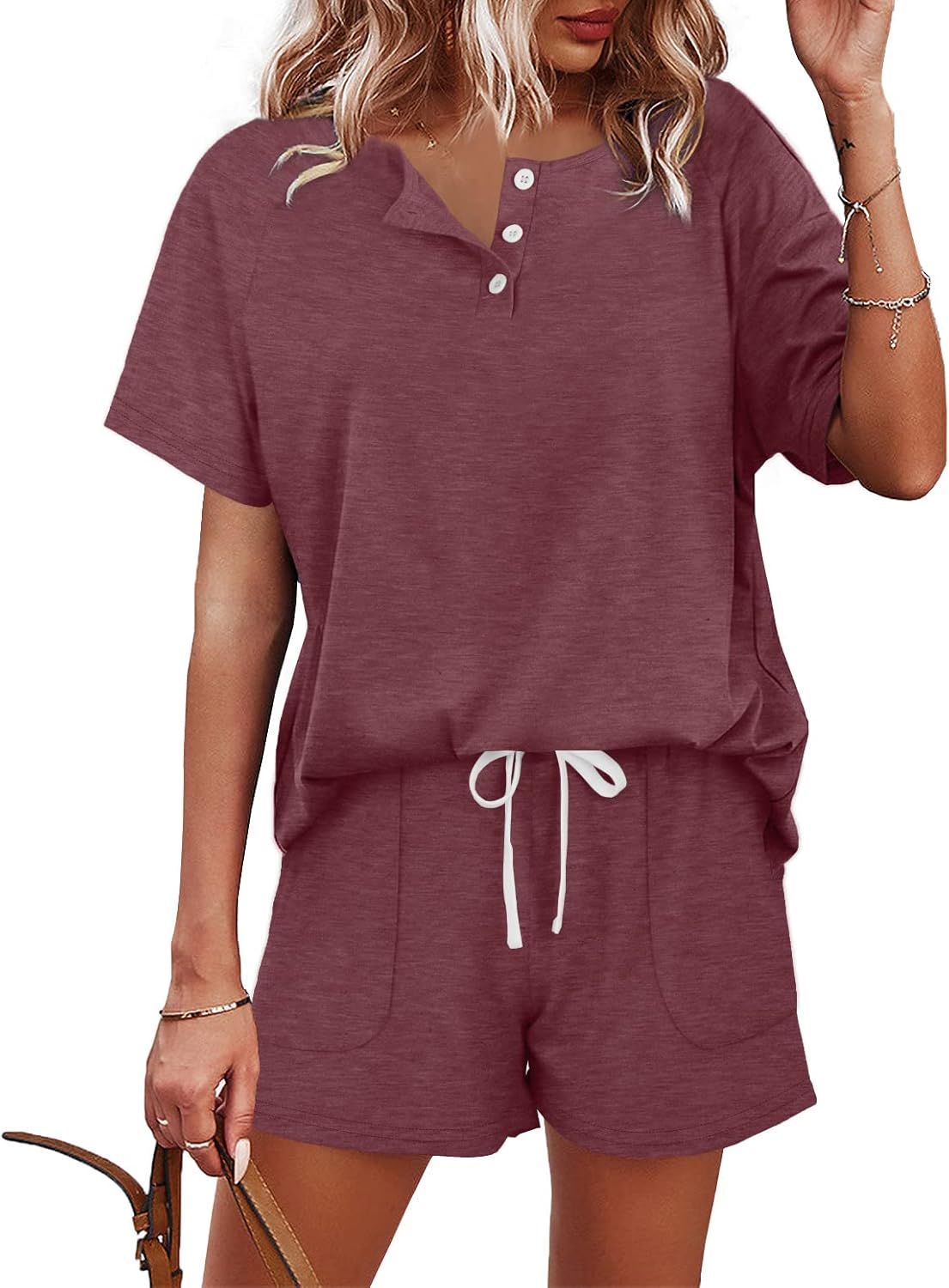 Thumbnail 6 de WIHOLL Women’s 2-Piece Lounge Set: Button-Down Henley Top & Pocket Drawstring Shorts