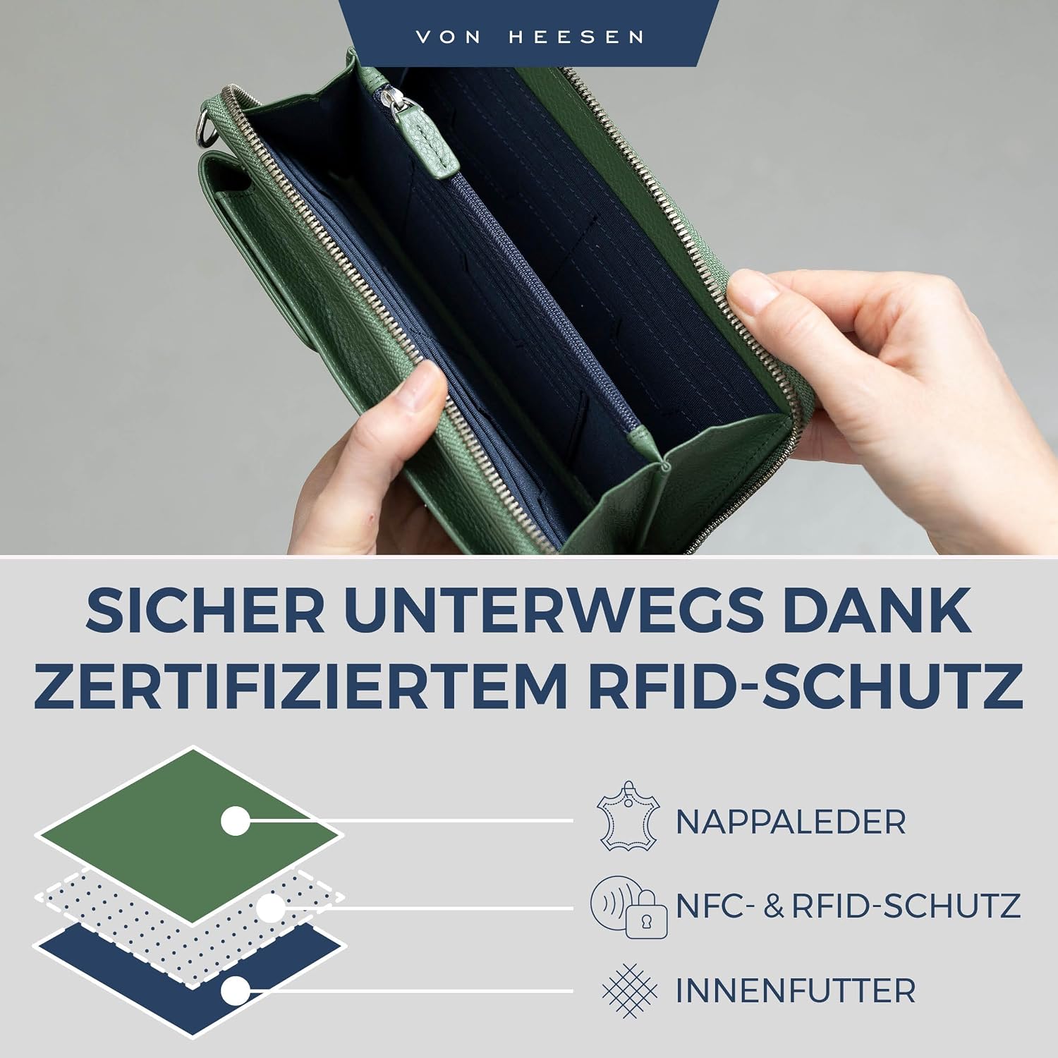 Detalle de VON HEESEN Leder Handy-Geldbörse mit RFID-Schutz – Grüne Echtleder-Handytasche mit Wallet-Funktion für Damen & Herren