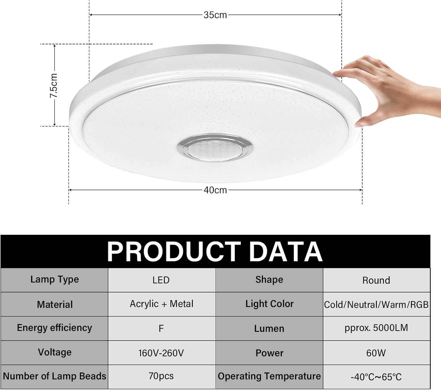 Detalle 2 de OGVDOE Lámpara techo LED 60W RGB con altavoz