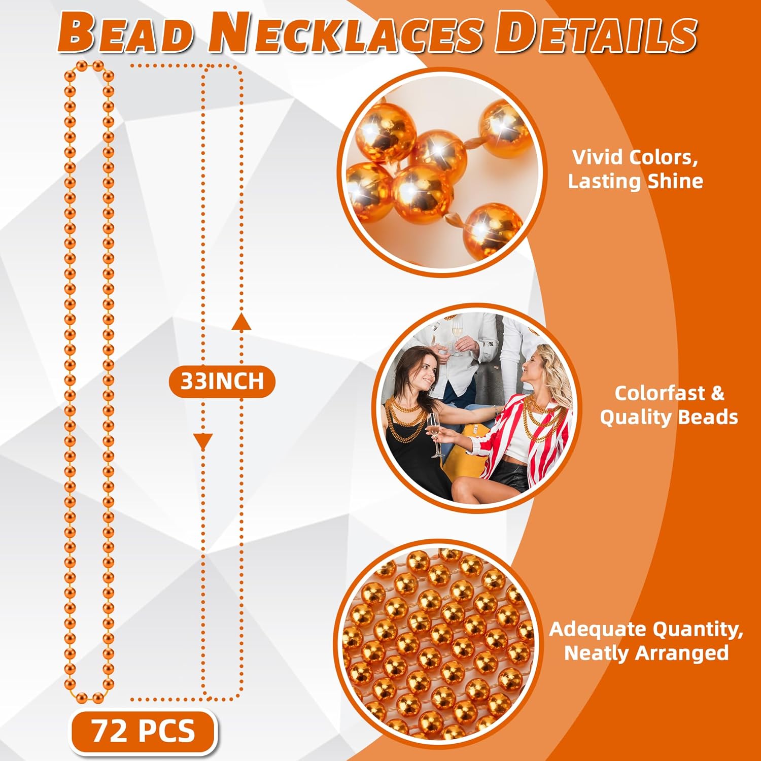 Thumbnail 3 de YAXINRUI 72 PCS Orange Bead Necklace (33 Inch) for Mardi Gras, Halloween & Festive Events