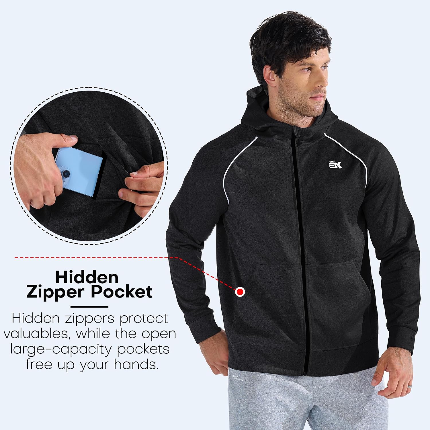 Detalle de BROKIG Mens Gym Hoodies: Zip Up Hooded Sweatshirt with Hidden Pockets