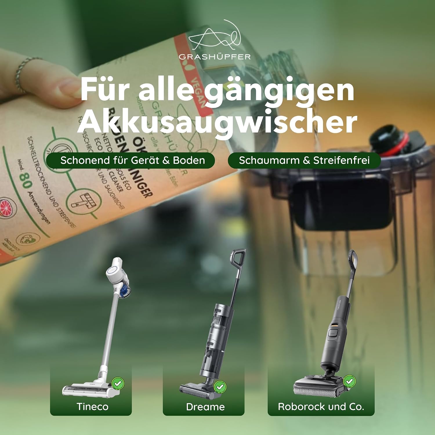 Detalle 1 de GRASHÜPFER® Öko Bodenreiniger für Wischroboter 3 x 1000 ml