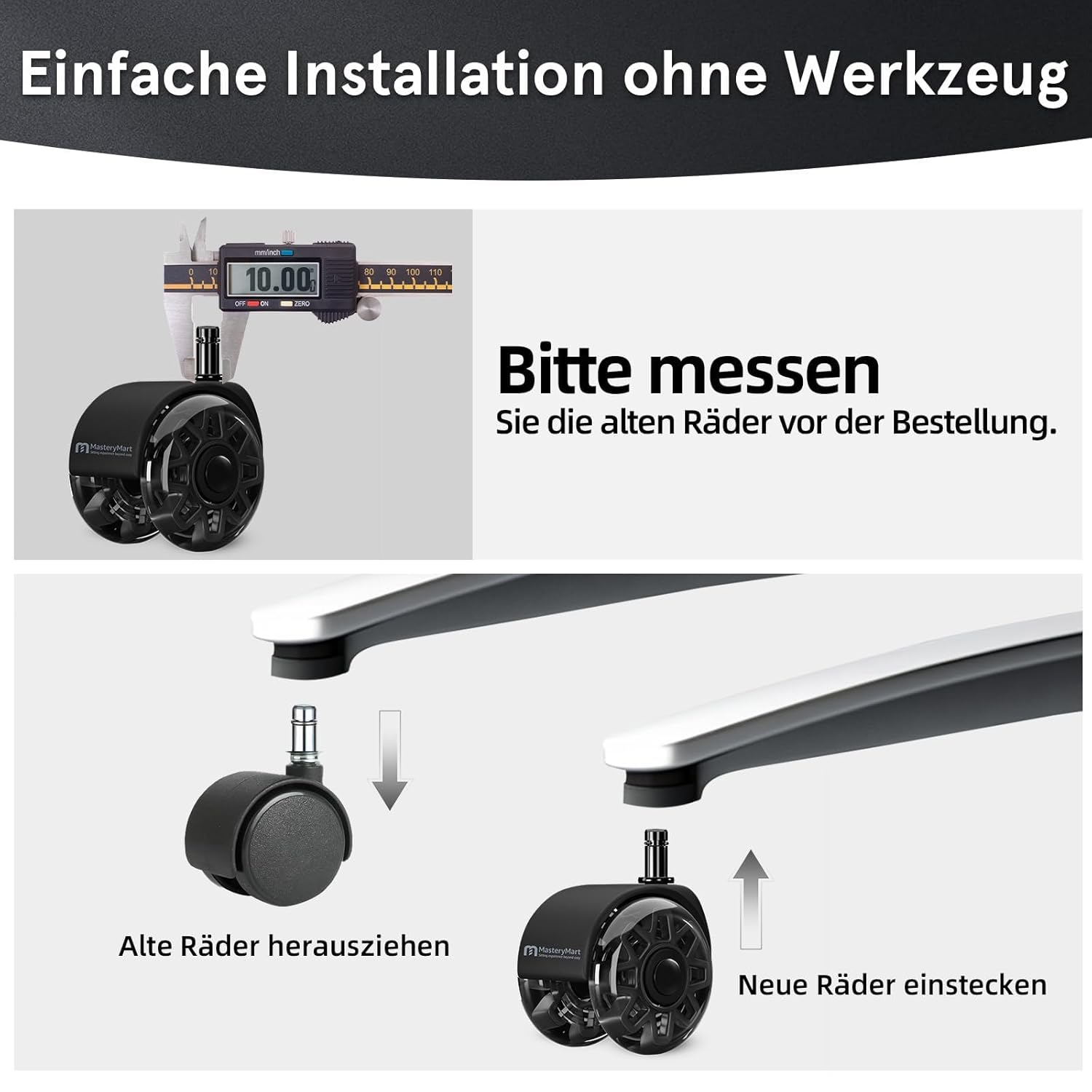 Thumbnail 6 de Mastery Mart Set da 5 rotelle per sedia da ufficio con perno 10 mm x 22 mm (nero)