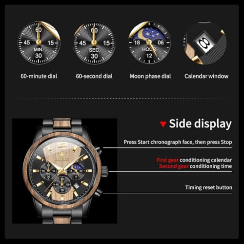 Detalle de OLEVS Montre chronographe pour homme – Bois massif ou acier inoxydable, étanche 30 m, finition zèbre