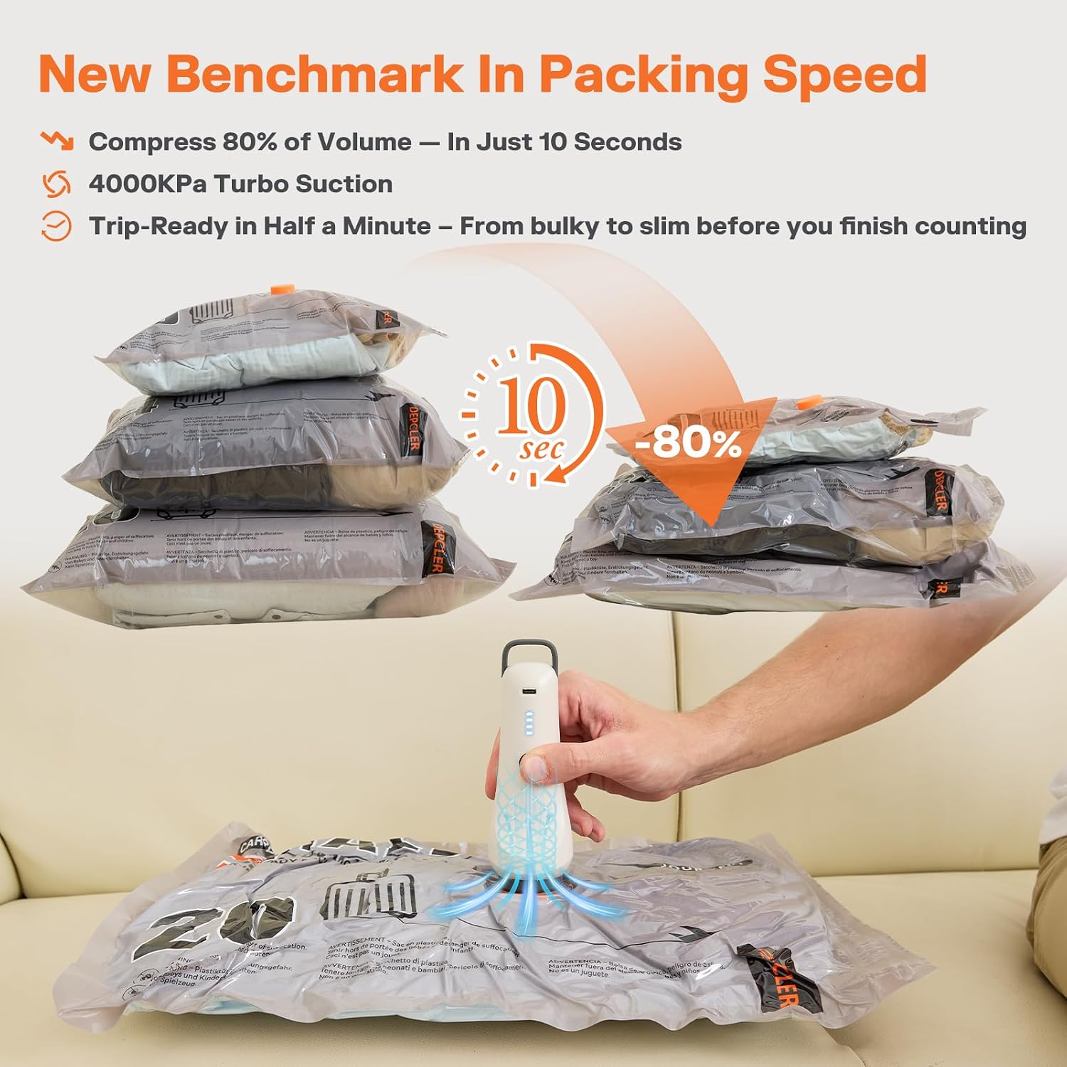 Detalle 1 de Depcler Vacuum Storage Bags, 15 Pack with Rechargeable Electric Pump