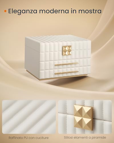 Detalle de SONGMICS HOME ANAH Collezione - Scatola Portagioie 3 Ripiani con Specchio, 2 Cassetti, PU con Cucitura, 21,5 x 24 x 15,8 cm, Bianco Nuvola