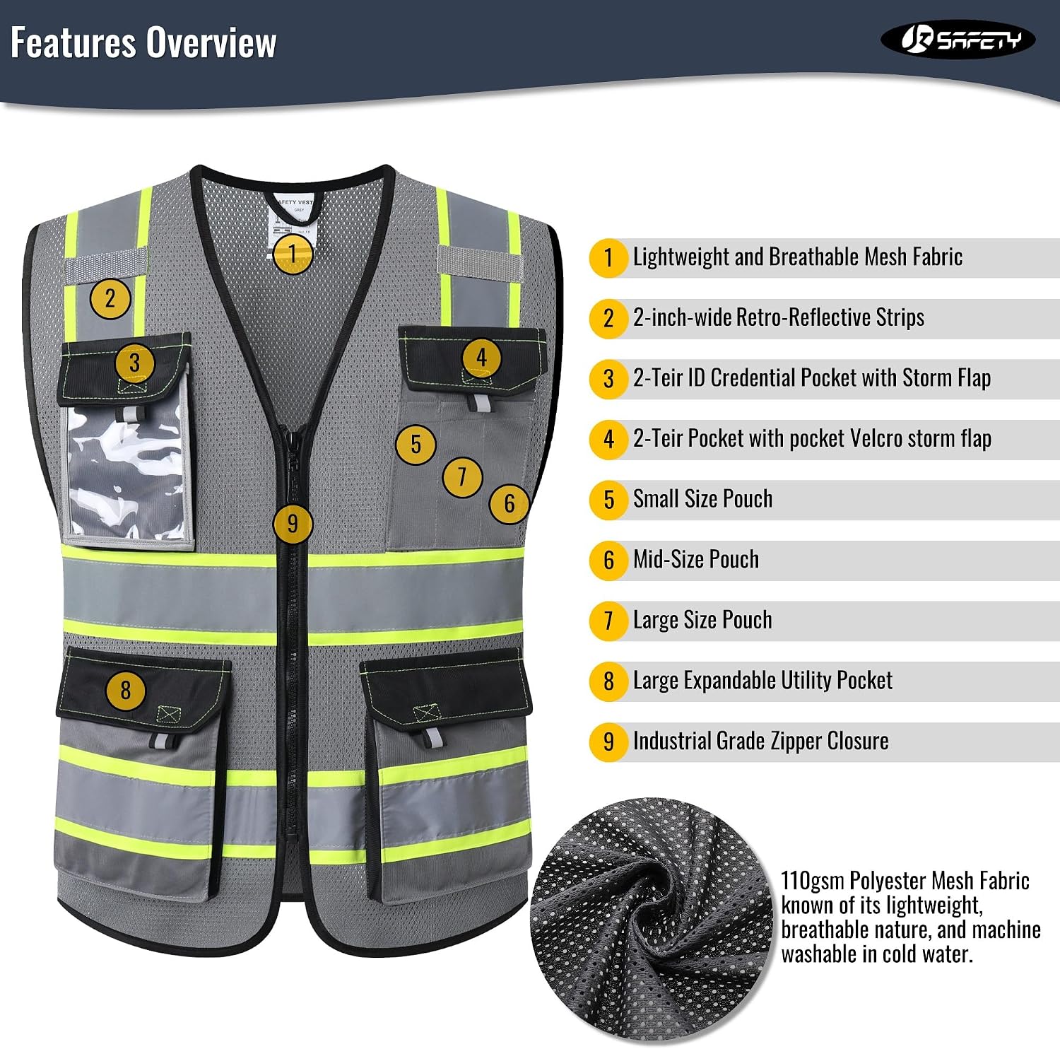 Detalle de JKSafety JK220 Safety Vest, Gray 4XL, Reflective Mesh with 4 Strips