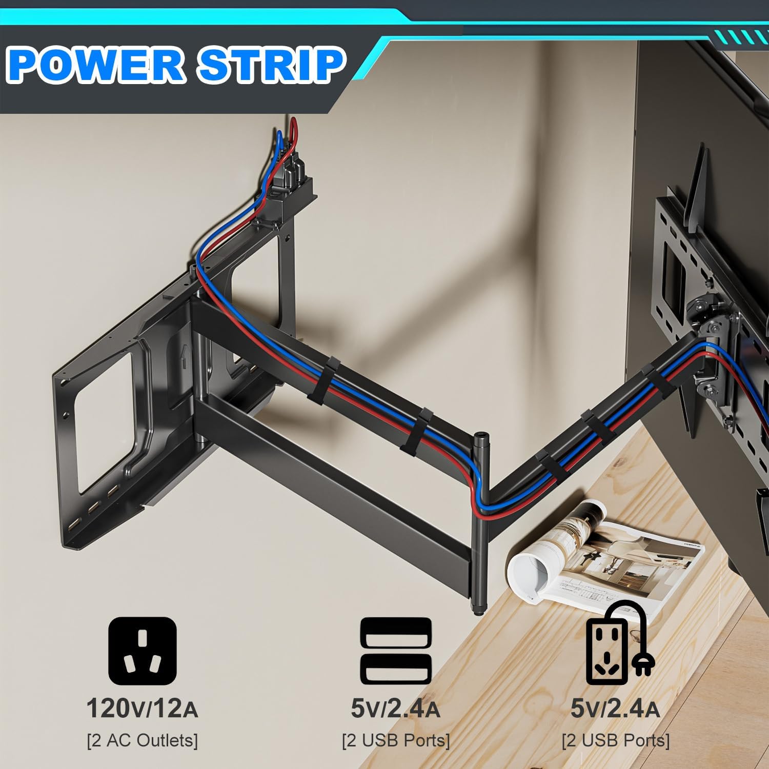 Detalle de 48'' Extension Extra Long Arm TV Wall Mount with Power Strip for 37-85 inch TVs