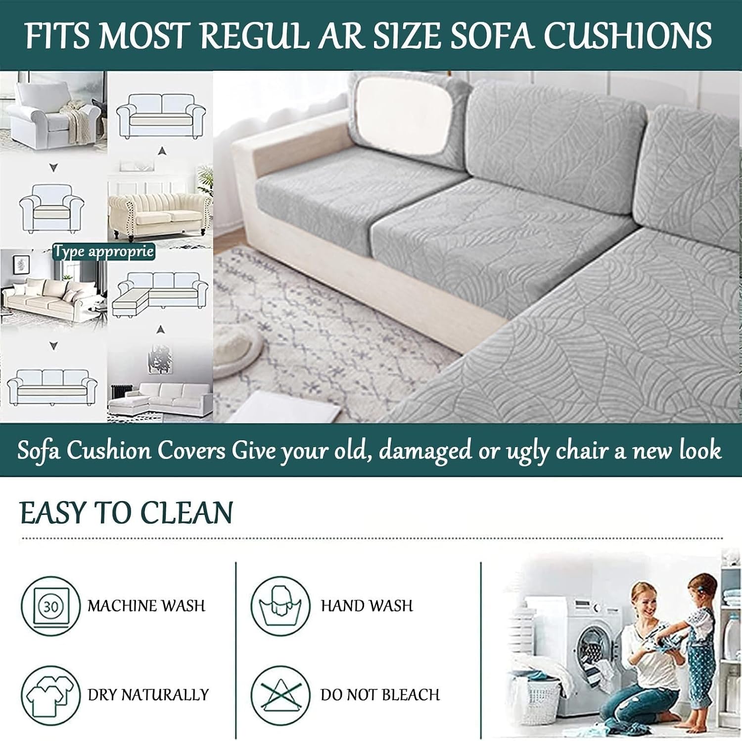 Detalle de YUMEIGE boqu Couch Covers ryggstödsskydd, ljusgrått med elastisk halkskyddsdesign
