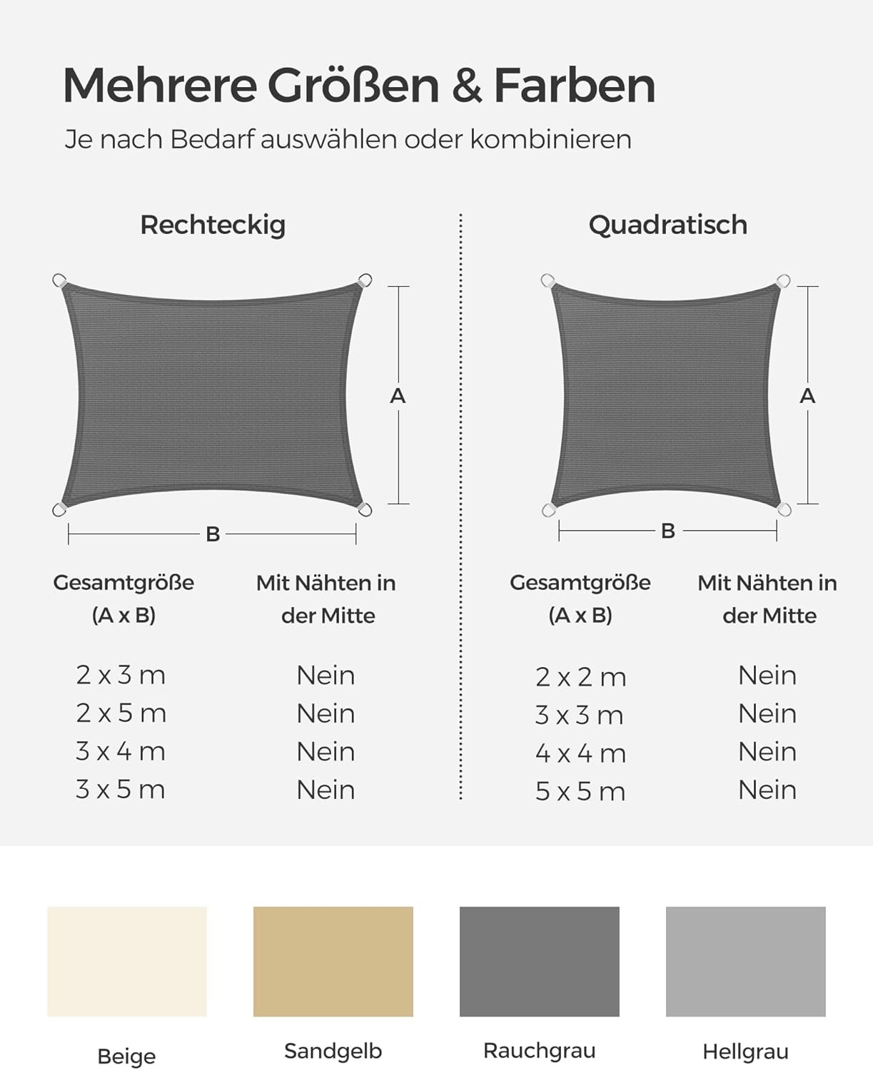 Thumbnail 5 de SONGMICS Sonnensegel 5 x 5 m rauchgrau – HDPE-Gewerk, luft- und wasserdurchlässig, inklusive Seile