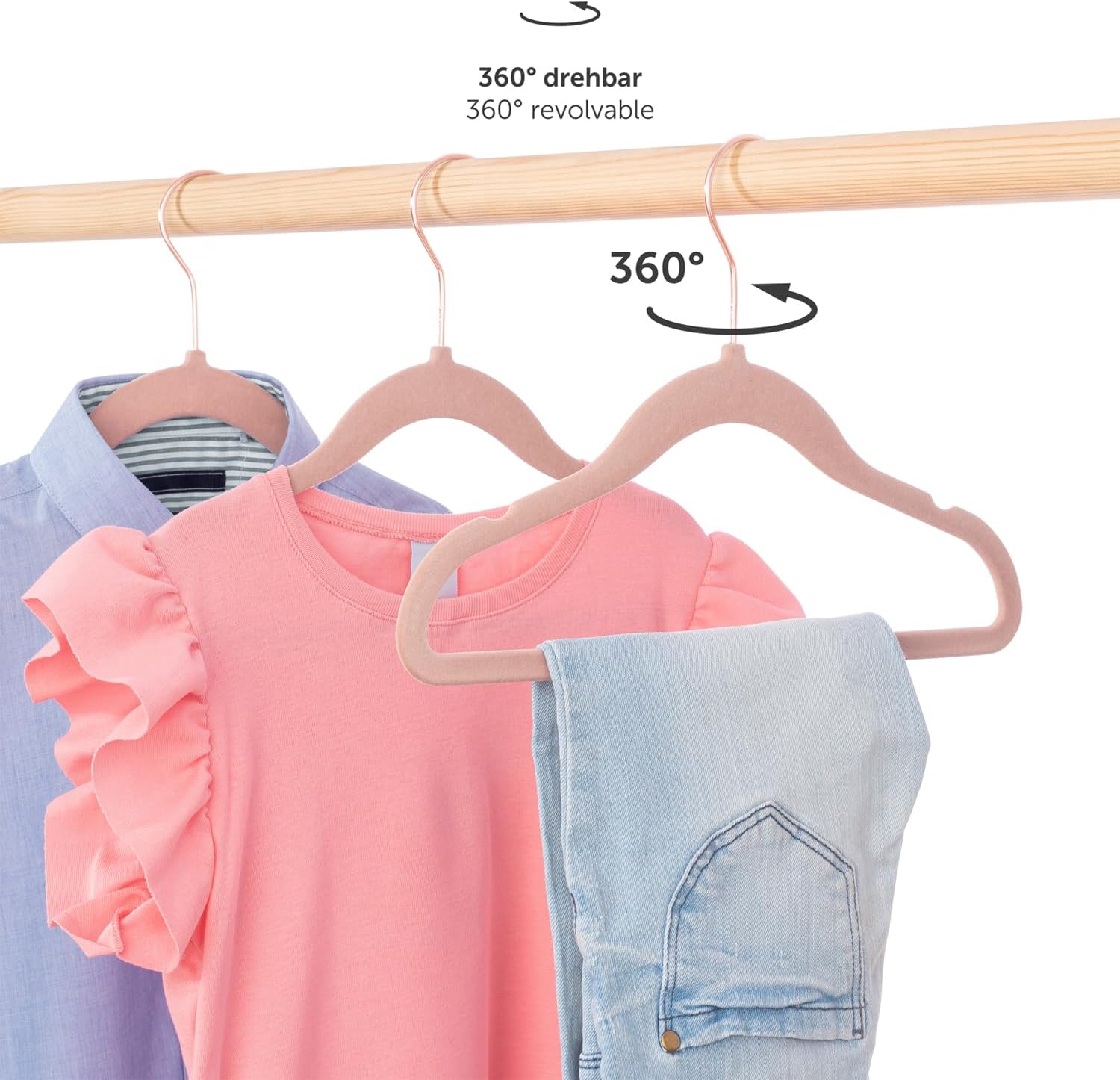 Thumbnail 2 de Laleni Kinderkleiderbügel (30 Stück) mit Samtbezug, 360° drehbar & rutschfest – Rosegold & Puderrosa