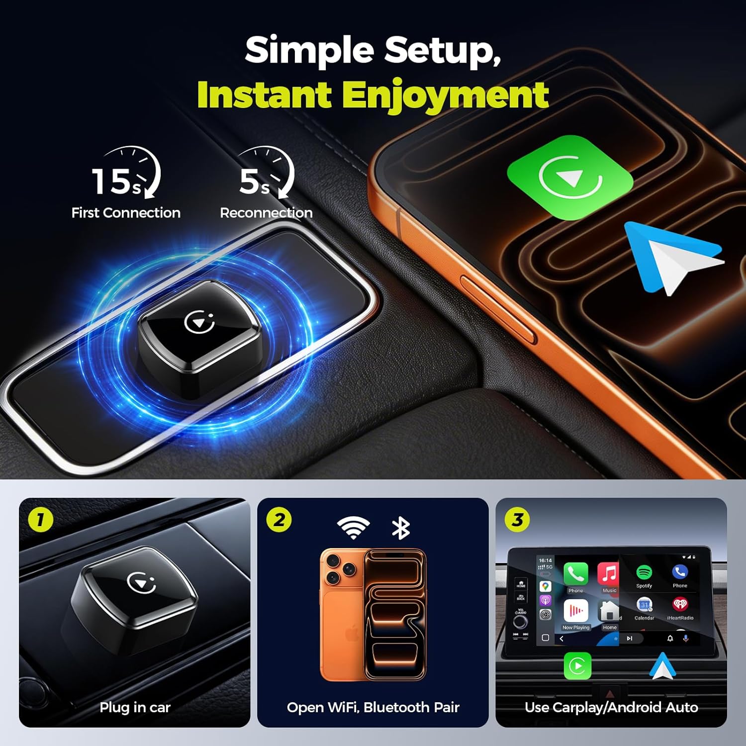 Detalle de LAMTTO Wireless CarPlay Adapter – Kabellose CarPlay- und Android Auto-Erweiterung für 2016+ Fahrzeuge