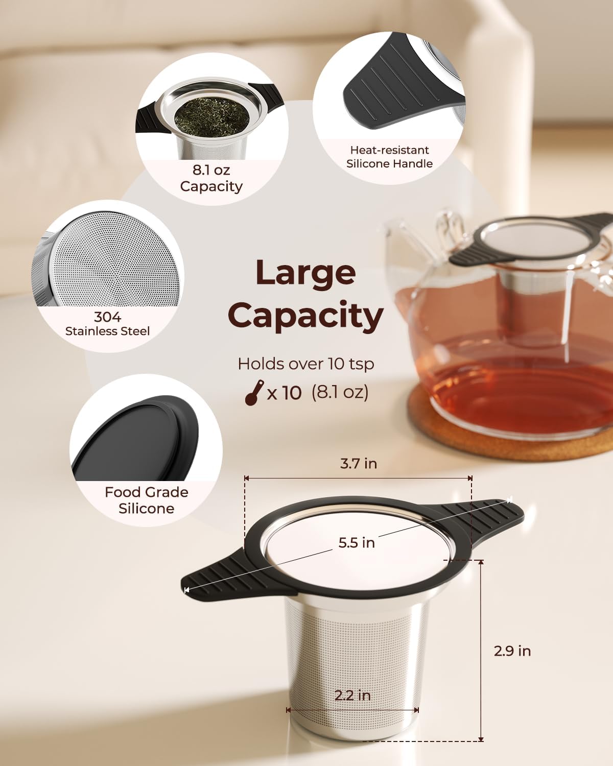 Detalle de Reinmoson Large Tea Strainers & Filters for Loose Tea – 304 Stainless Steel, Extra Fine Mesh, 10-Teaspoon Capacity