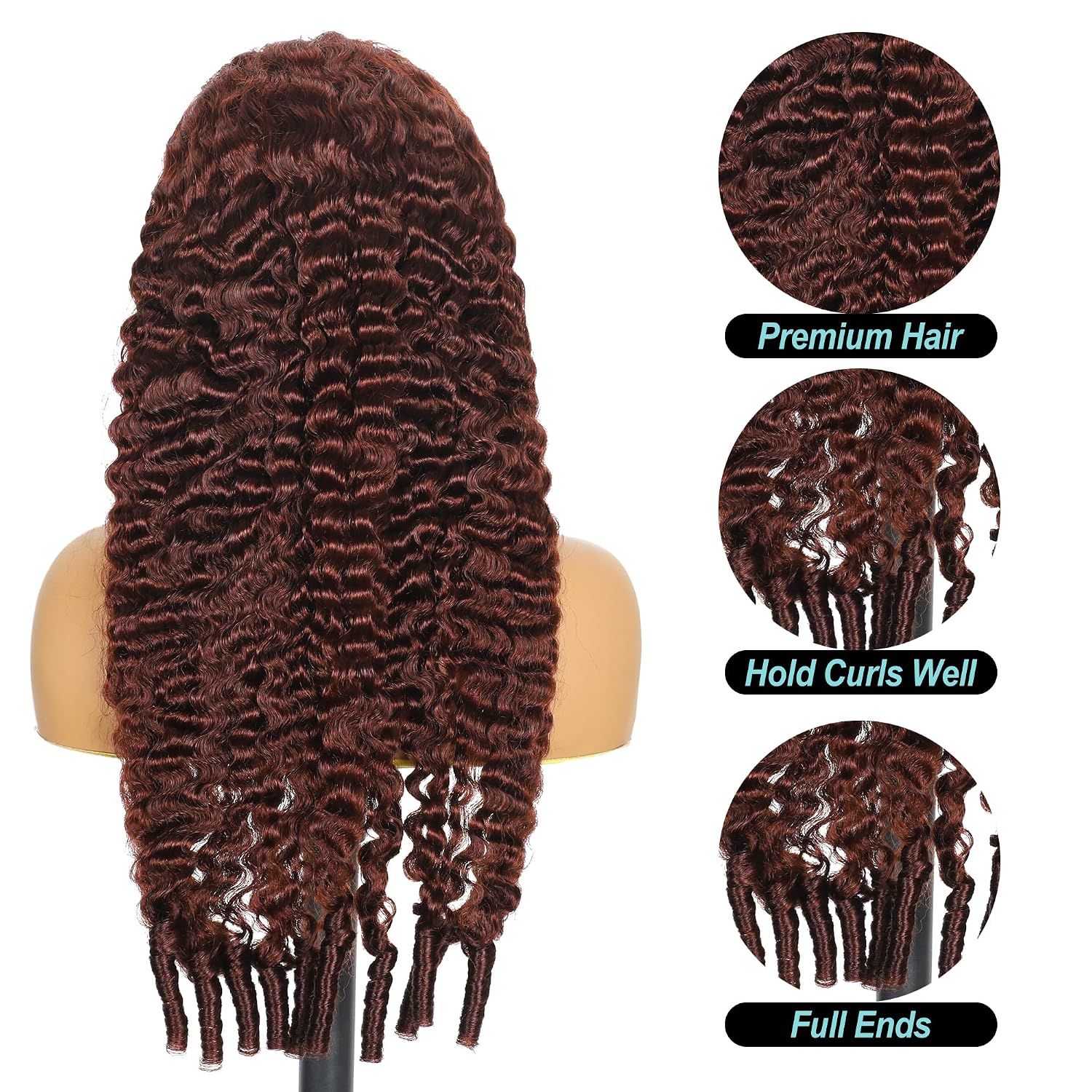 Detalle de Reddish Brown Drawstring Burmese Curly Wig: 22" 13x6 HD Lace Front, 250 Density, Virgin Human Hair