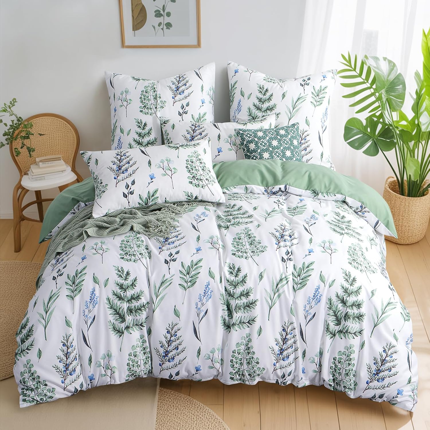 Detalle de Tifschlaf King Size Duvet Cover Set with Pillowcases – Floral Sage Green, 220x230 cm