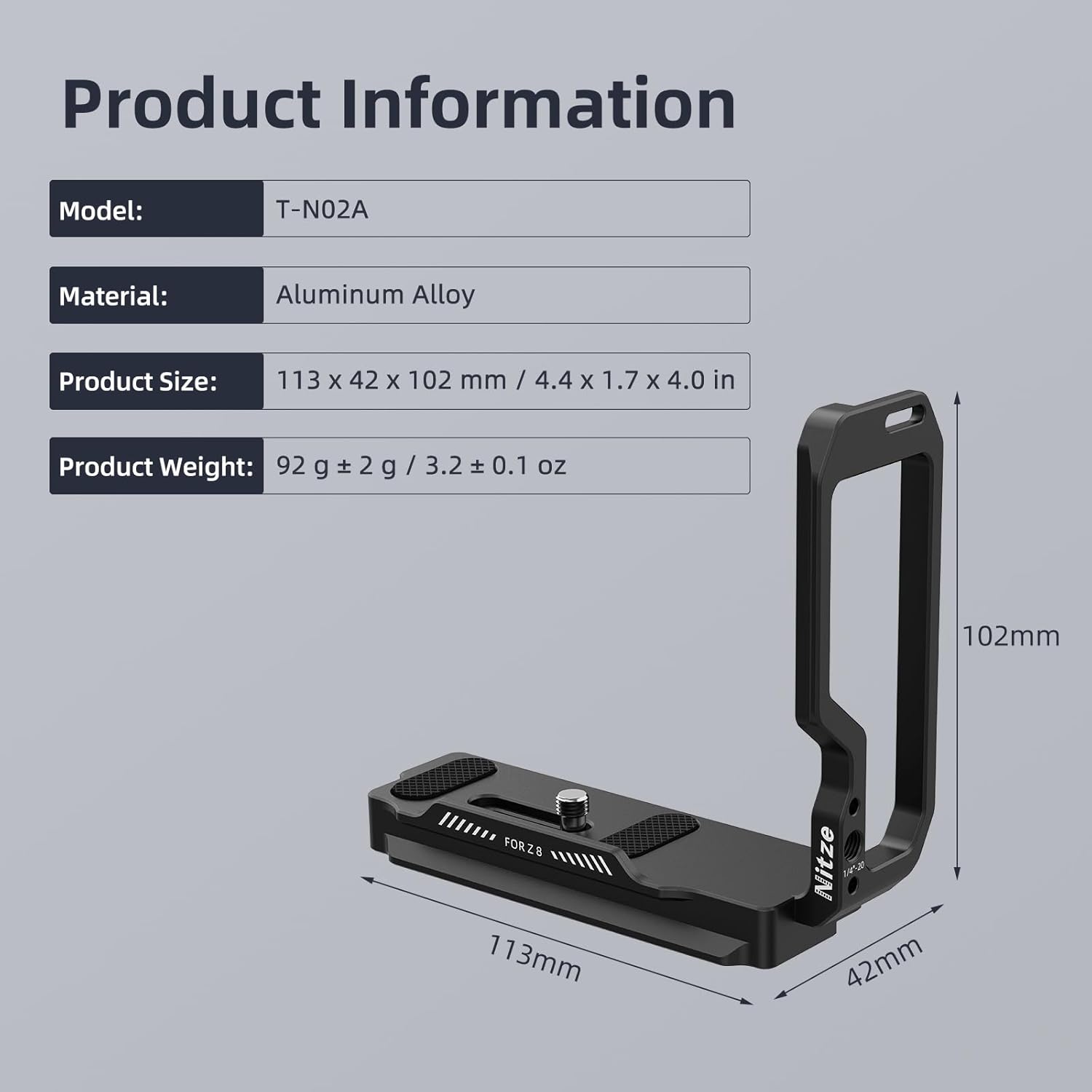 Detalle de Nitze Z8 L-Bracket for Nikon Z8 with Arca Swiss Plates (T-N02A)