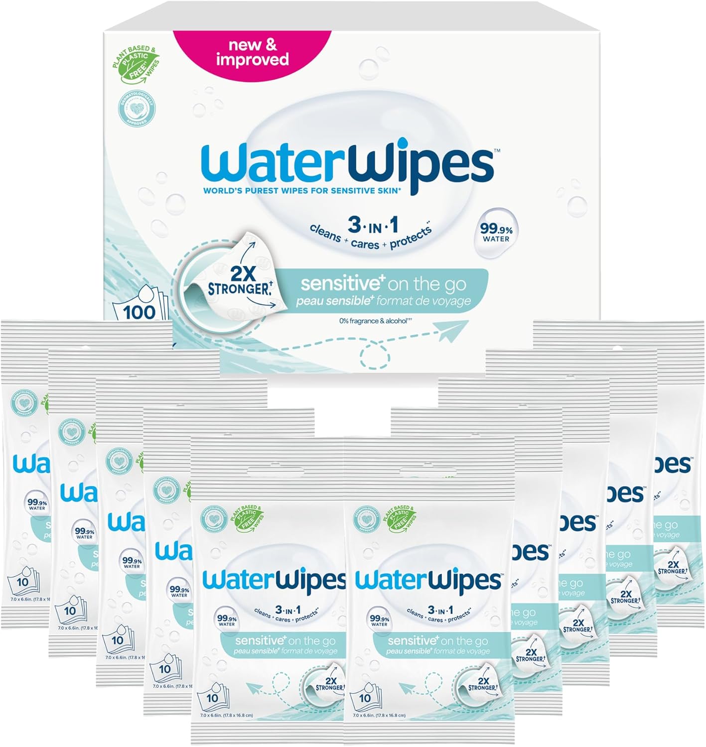 Detalle de WaterWipes Sensitive+ On The Go 100 pezzi salviettine umidificate