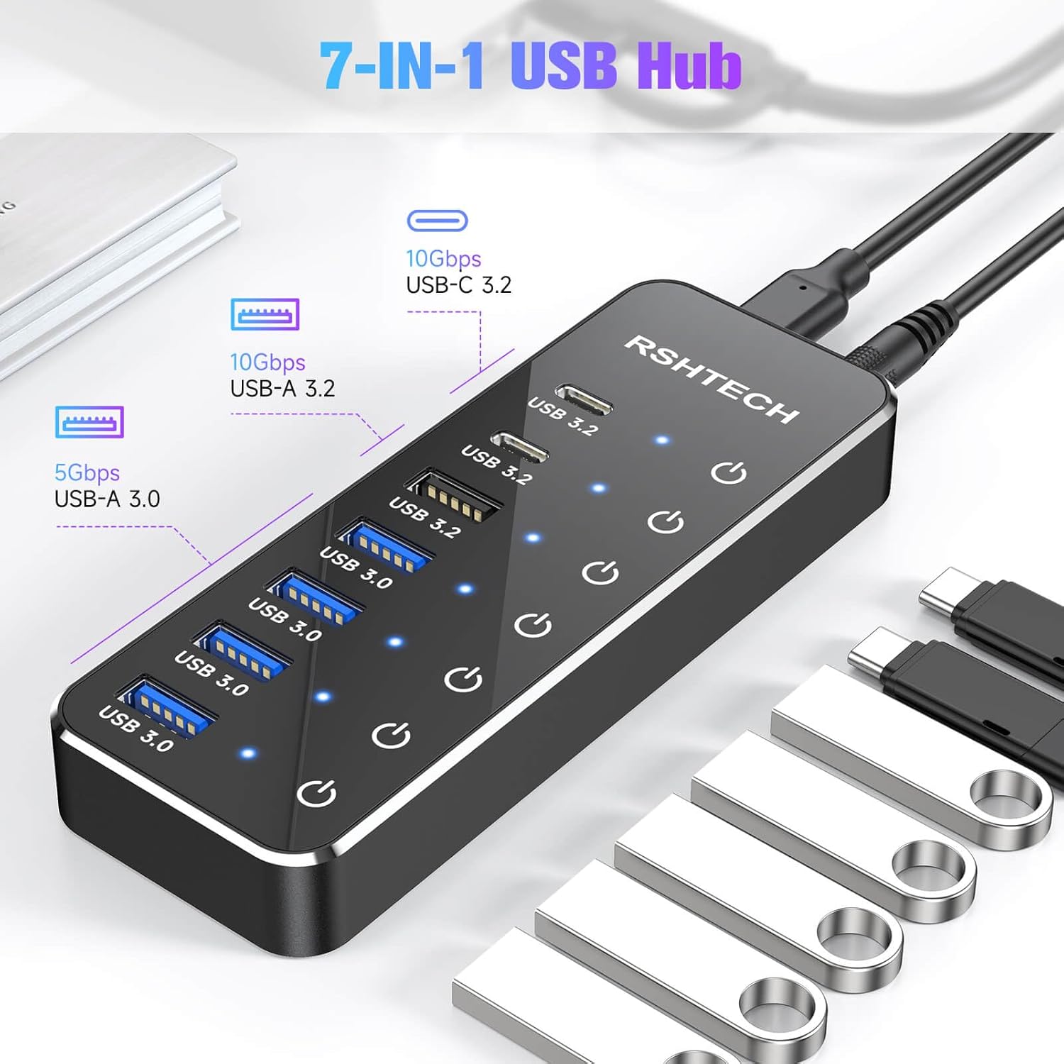 Thumbnail 1 de RSHTECH RSH-ST07C USB-C 3.2 Hub Aktiv mit Netzteil (7 Ports, 10Gbps/5Gbps, Touch-Schalter)