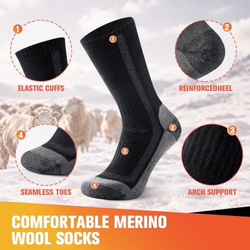 Detalle de Veximora Merino Wool Hiking Socks, Black 9–12, 3 Pairs, Cushioned & Thermal