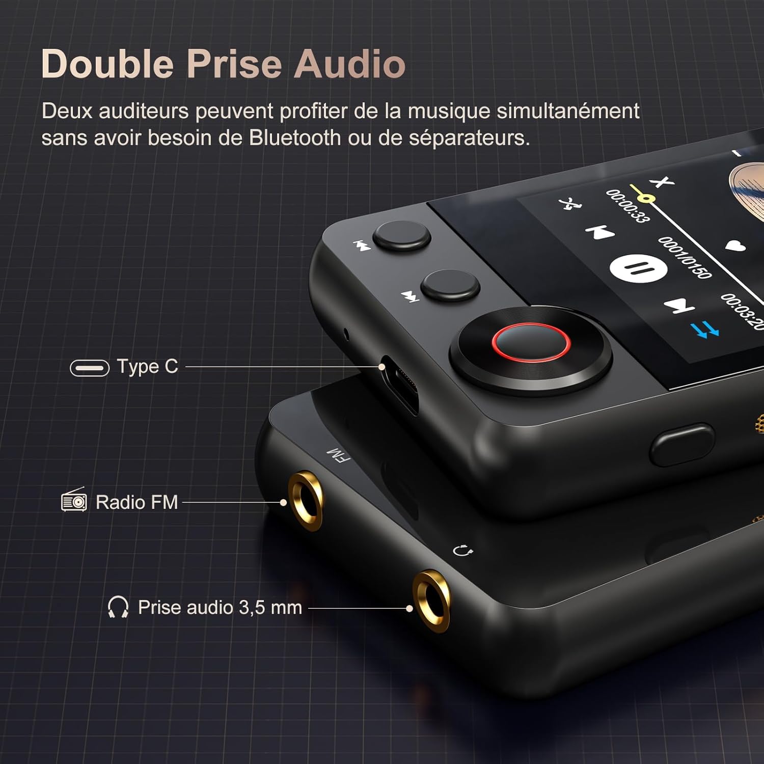 Detalle 2 de MECHEN Lecteur MP3 Bluetooth 128 Go – Écran tactile 2,4", USB-C, FM, Enregistrement et plus