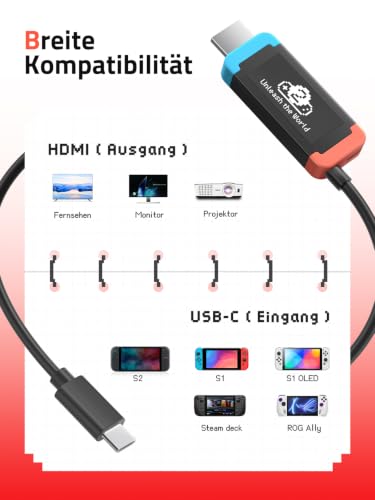 Detalle de Lemorele USB-C auf HDMI Adapter – 4K@60Hz, 100W PD, 2 m Kabel, kompatibel mit Switch 2/OLED, Steam Deck, ROG Ally, Laptop & Tablet