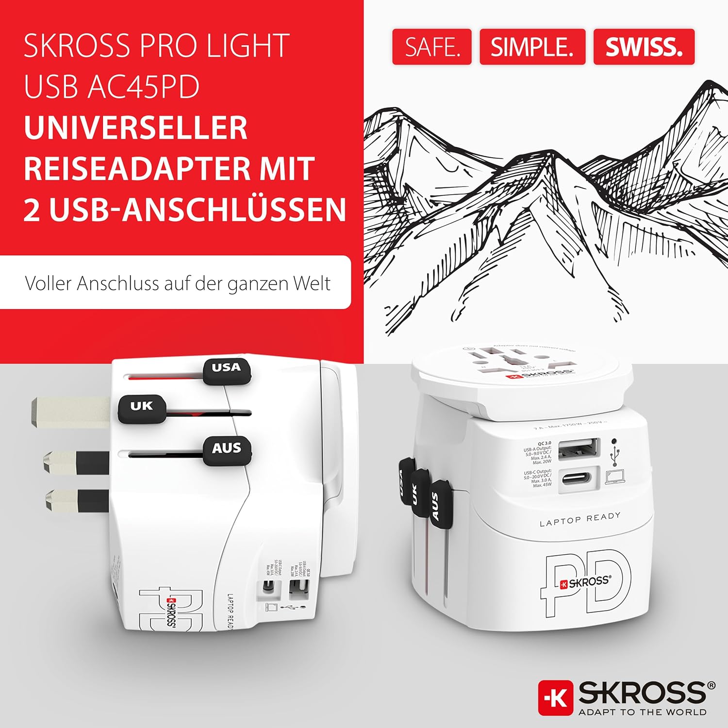 Thumbnail 1 de SKROSS PRO Light USB universeller Reiseadapter mit USB-A & USB-C für USA, UK, Australien und Europa