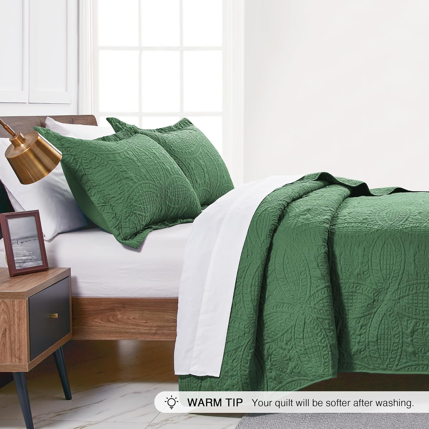 Detalle 2 de Love's cabin HU-XI-201 Twin Quilt Set, Dark Green Microfiber, Coin Pattern