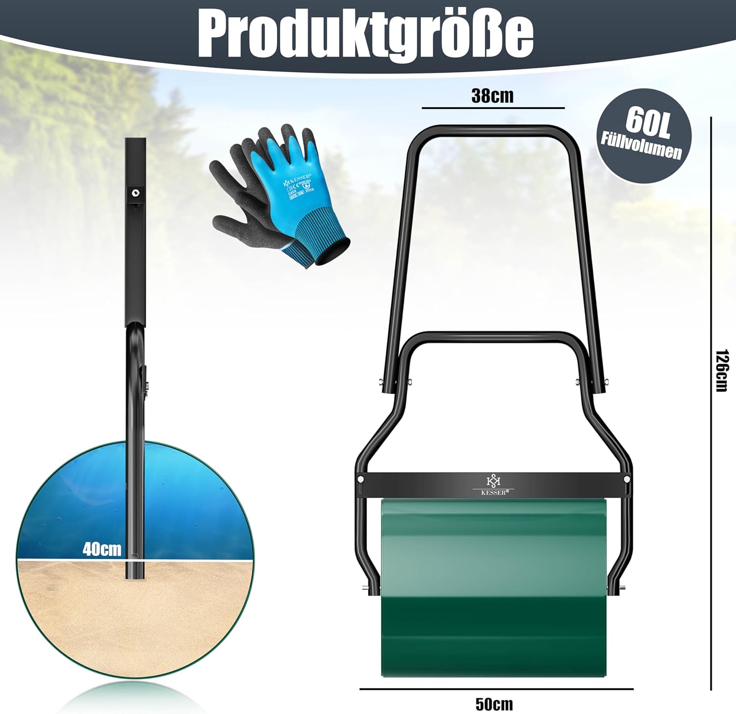 Thumbnail 1 de KESSER® Rasenwalze Metall, befüllbar mit Wasser oder Sand, 60 Liter Füllvolumen, 50 cm Arbeitsbreite – inkl. Handschuhe