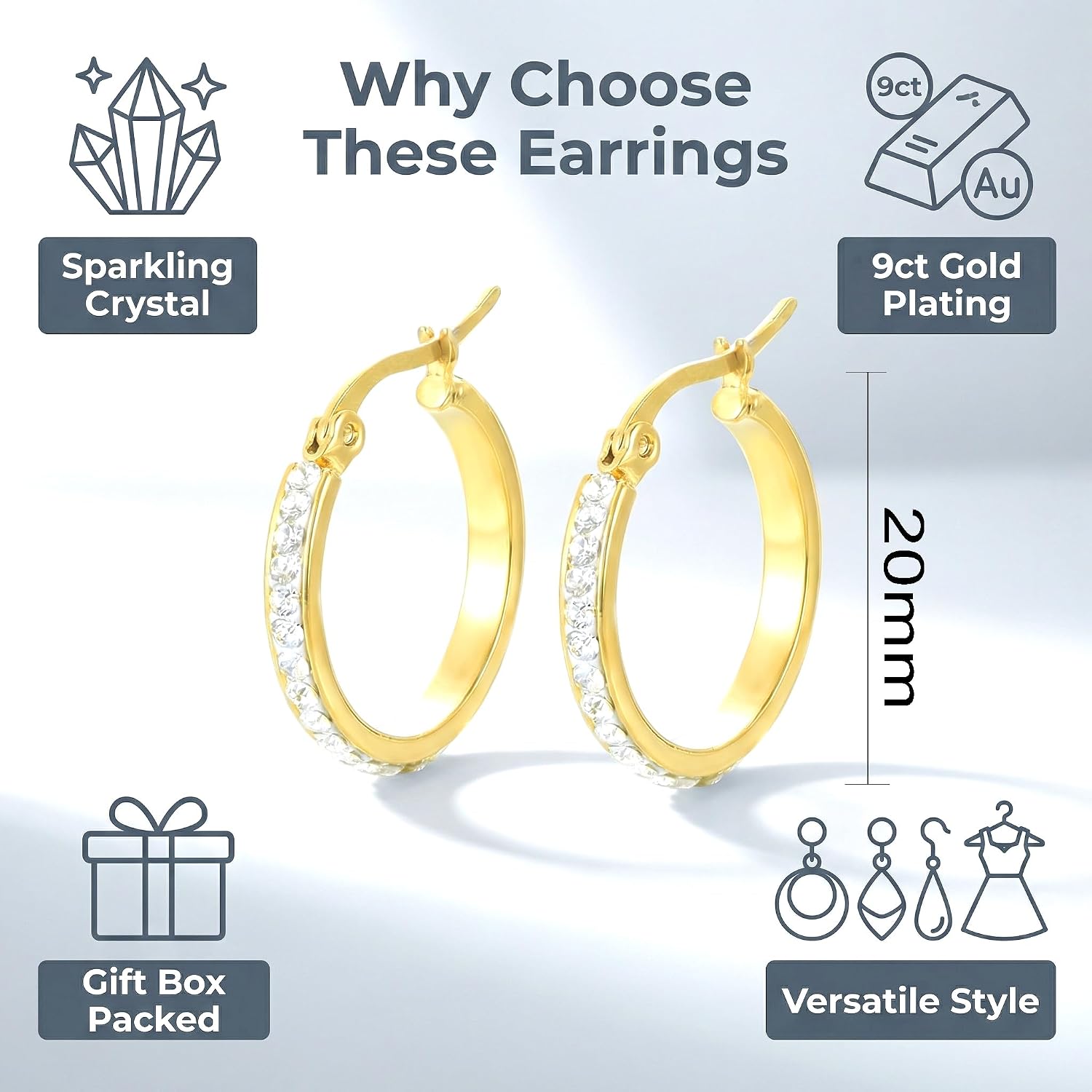 Detalle 2 de Yumay 9CT Gold Filled Hoop Earrings with White Crystals, 20mm – Gentle on skin, versatile for everyday wear