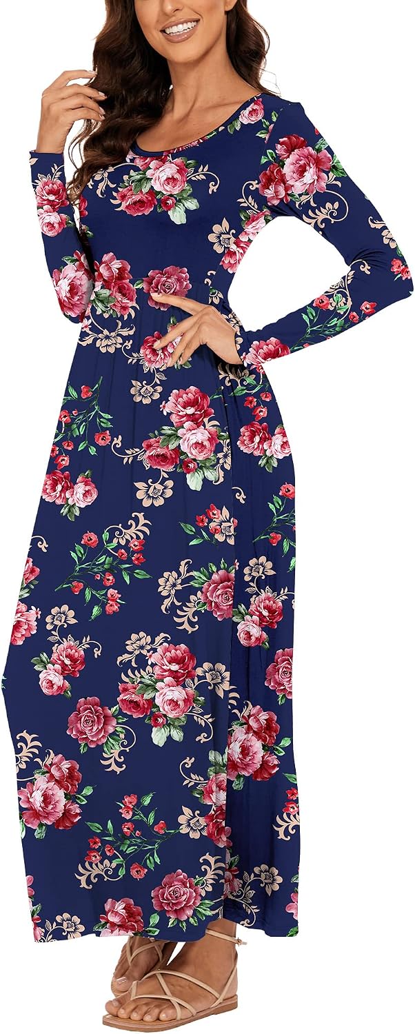 Detalle de DEARCASE Damen Maxi Kleid Sommer Mutterschaft Casual Langarm/Kurzarm Floral – Lose Passform, Taschen und Plusgröße