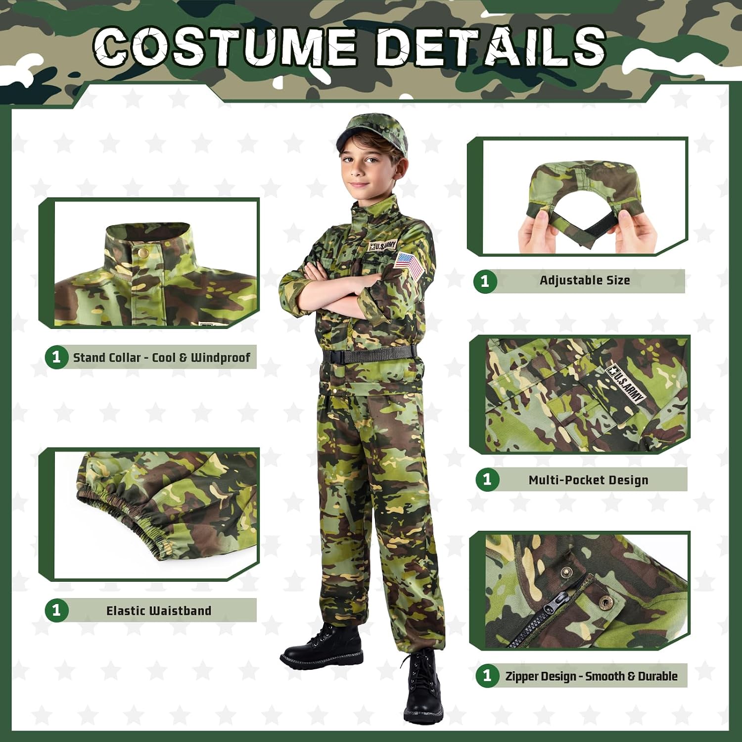 Thumbnail 1 de Metemot Kids Army Costume for Boys: Deluxe 14-Piece Army Dress-Up Set