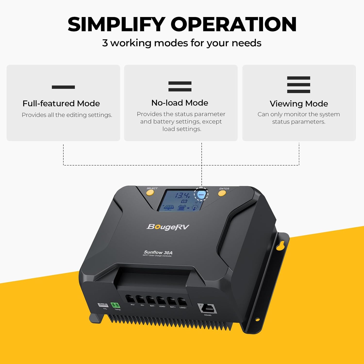 Detalle 2 de BougeRV Sunflow 30A MPPT Solar Charge Controller with Low-Temp Cut-Off, App Control & Backlit LCD