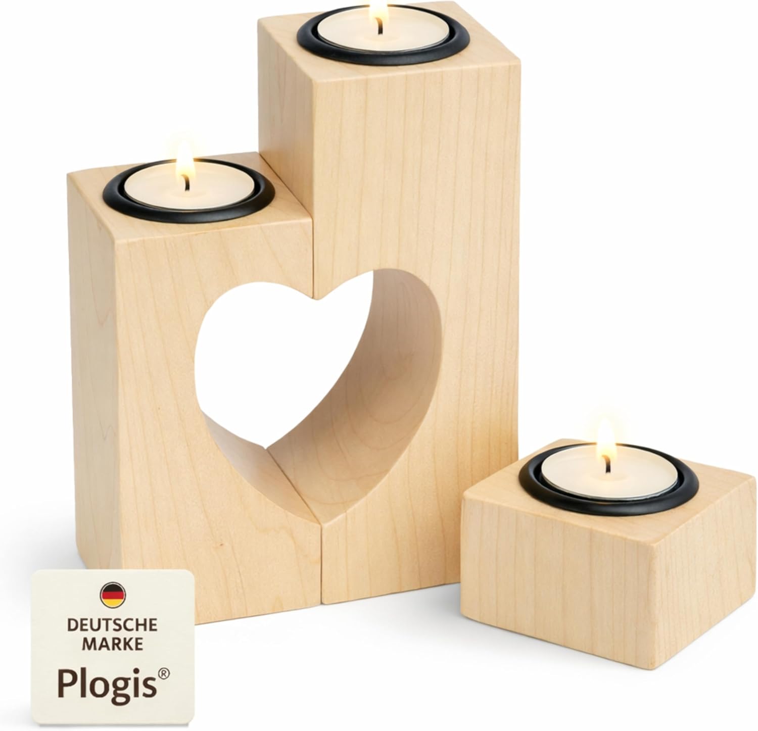 Thumbnail 6 de Muttertagsgeschenk: Teelichthalter Herz aus Akazienholz (3-teilig, 15 cm) von Plogis