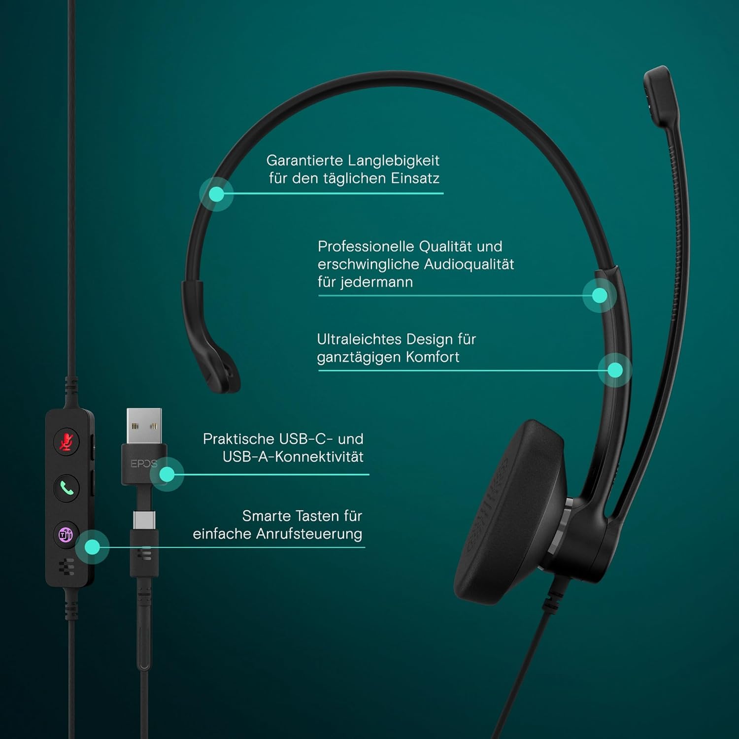 Thumbnail 1 de EPOS Impact 100 MS Mono-Headset mit Mikrofon – Microsoft Teams zertifiziert, USB‑C & USB‑A, Schwarz