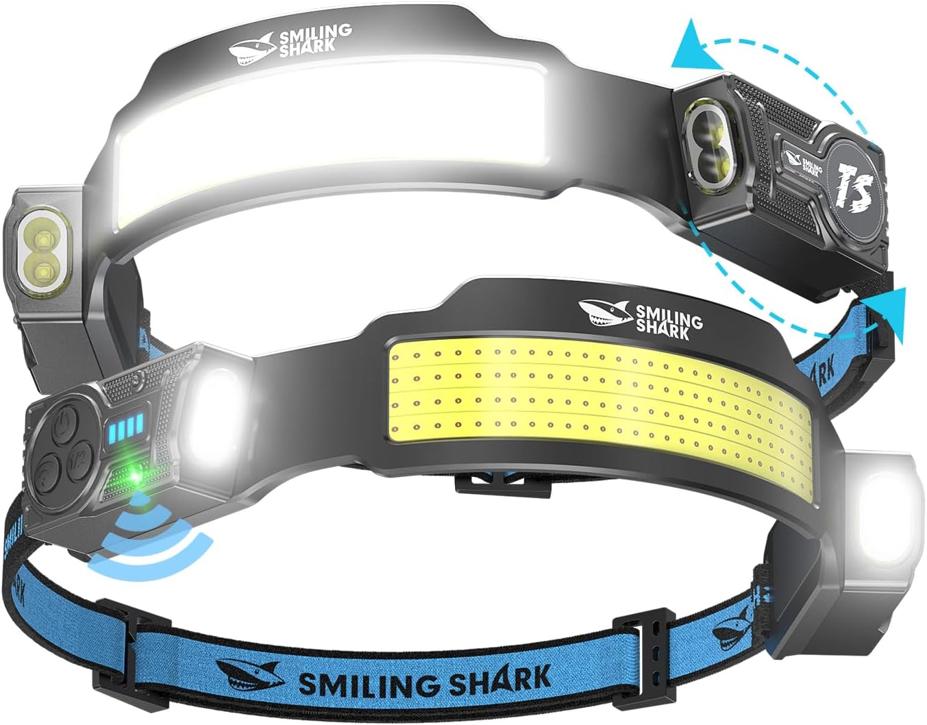 Smiling Shark Lampada Frontale 2 Pezzi: Testa LED ricaricabile con sensore movimento, 5 modalità e 2400 mAh