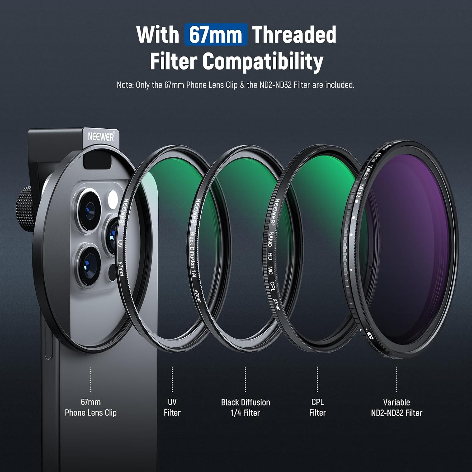 Detalle de NEEWER Kit filtri ND variabile 67mm ND2–ND32 per lenti telefono con Phone Clip e attacco Cold Shoe