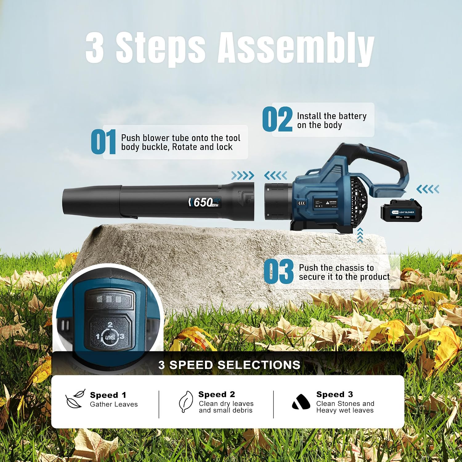 Detalle de LOSART CYJ Cordless Leaf Blower, 650 CFM, 3 Speeds, Two 5.0Ah Batteries