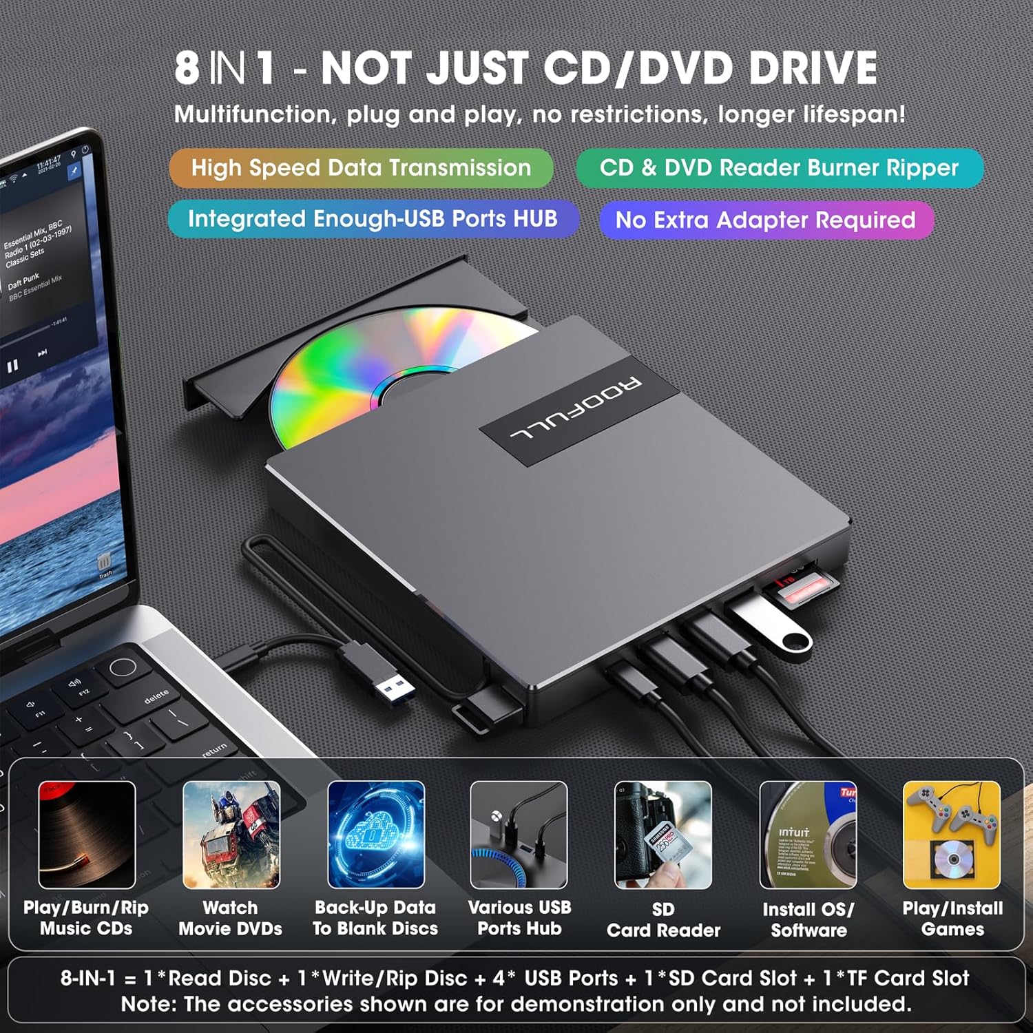 Detalle 2 de ROOFULL RF40-SU External CD DVD Drive 8-in-1 đź“€