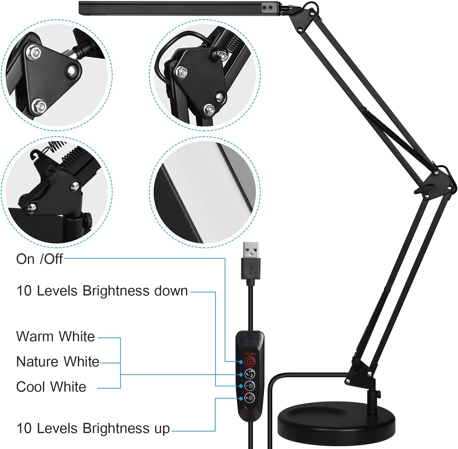 Detalle de SKYLEO LED Schreibtischlampe mit Clip und Sockel – Augenschutz, 3 Lichtmodi, 10 Stufen Helligkeit, USB 5V/2A, Schwarz